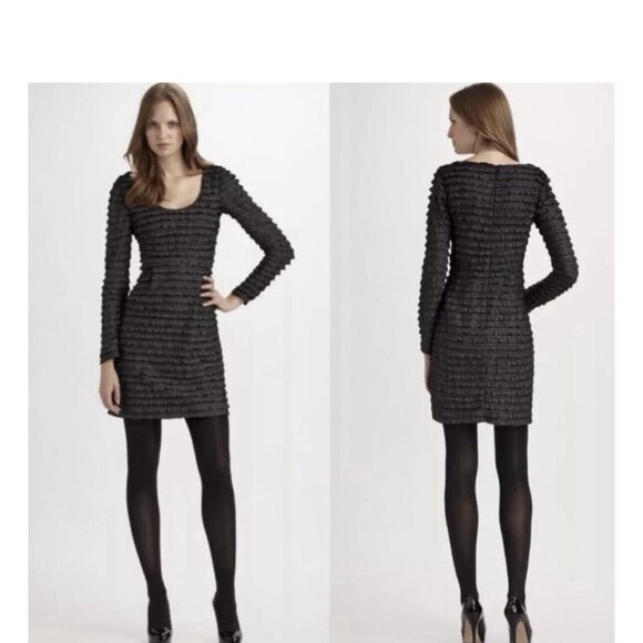 NANETTE LEPORE Dress Fifi Ruffled Polka Dot Black Gray Revolve Shift Sheath Sz 8 - Picture 1 of 13